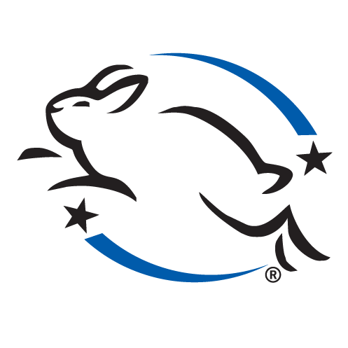 O selo da Leaping Bunny é um coelho de lado pulando que é traçado em preto, com duas estrelas pretas em cada lado e um círculo sem fechado em azul em volta.